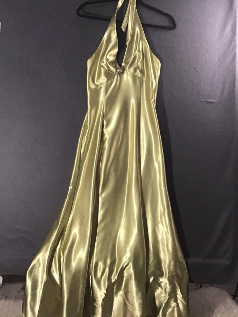 Jessica McClintock Apple Green Satin Halter Maxi Gown  Fairycore Open Back Vtg